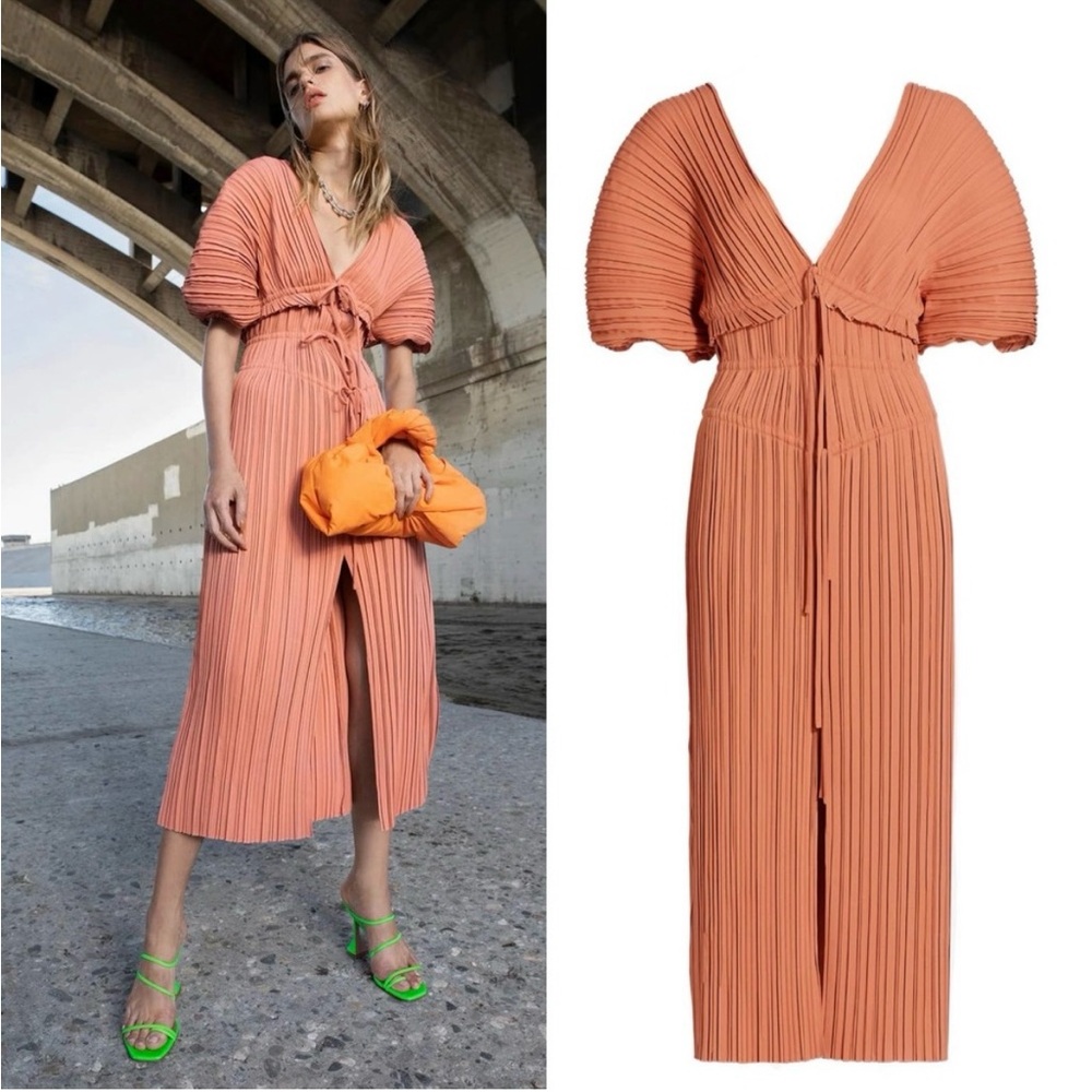 NWT A.L.C. Stella Pleated Puff Sleeve V Neck Midi Dress Venetian Rose Orange US4